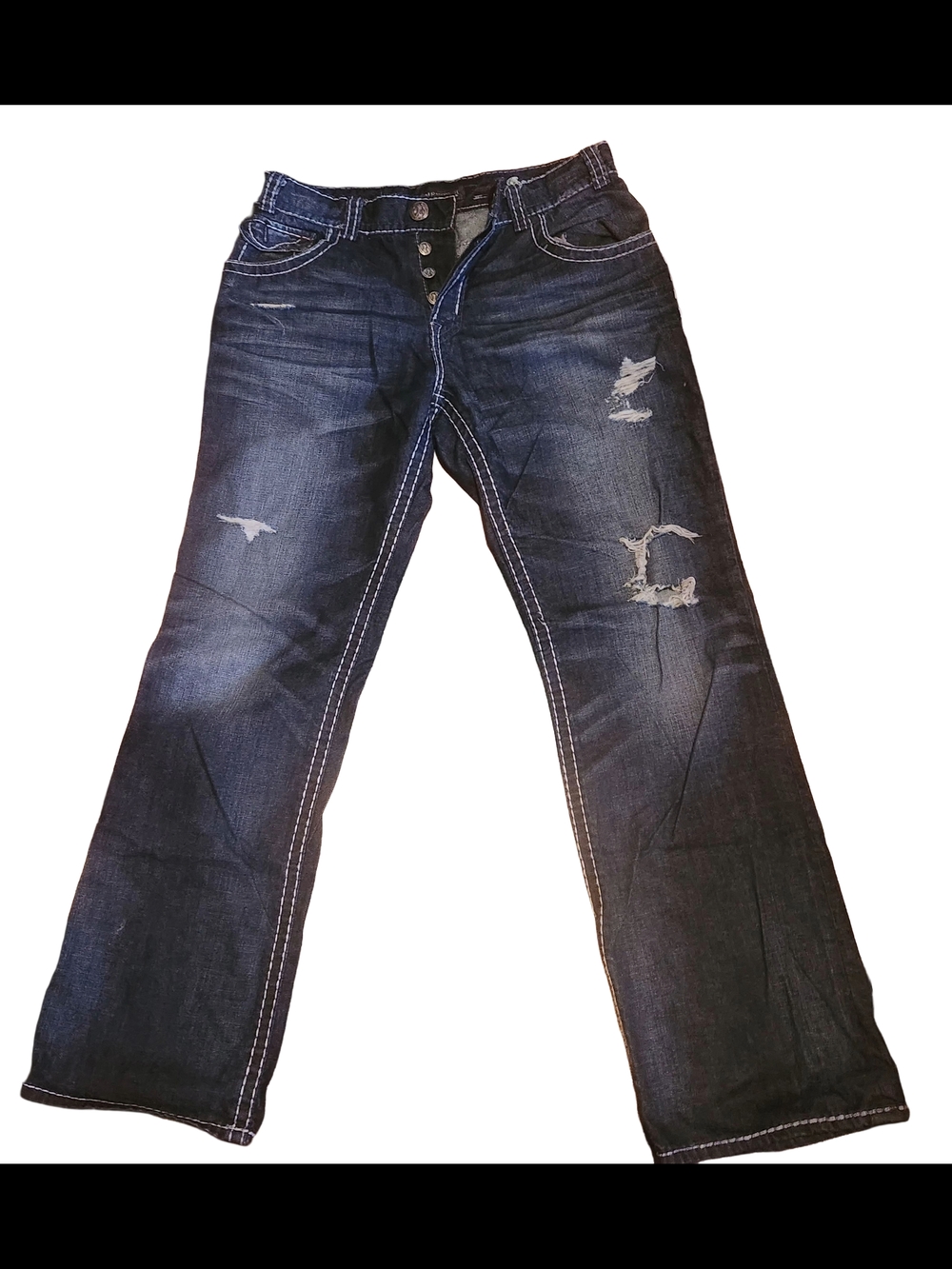 Men’s Mek Dnm Distressed Bootcut Jeans – Dark Wash – Contrast Stitching
